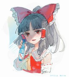 Rule 34 | 1girl, ascot, bare shoulders, black hair, blunt bangs, blush, bottle, bow, commentary request, cropped torso, dated, detached sleeves, frilled bow, frills, hair bow, hair tubes, hakurei reimu, half updo, hand up, highres, holding, holding bottle, looking at viewer, mochacot, open mouth, paw print, ramune, red bow, red eyes, ribbon-trimmed sleeves, ribbon trim, short hair, sidelocks, smile, solo, touhou, translation request, upper body, white background, wily beast and weakest creature, yellow ascot