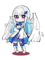 Rule 34 | 1girl, armband, blue hair, blue thighhighs, blunt bangs, blush, boots, closed mouth, collared shirt, colored shadow, cross-laced footwear, feathered wings, feathers, frilled skirt, frills, full body, grey skirt, hair ornament, highres, jacket, knee boots, lace-up boots, lize helesta, long hair, long sleeves, looking at viewer, multicolored hair, nijisanji, nozo (hitomiz), pleated skirt, purple eyes, shadow, shirt, skirt, sleeves past wrists, smile, solo, standing, thighhighs, thighhighs under boots, two-tone hair, very long hair, virtual youtuber, white background, white feathers, white footwear, white hair, white jacket, white shirt, white wings, wings