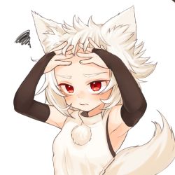 Rule 34 | 1girl, animal ears, armpits, bad id, bad twitter id, bare shoulders, black gloves, blush, bridal gauntlets, closed mouth, elbow gloves, expressionless, fingerless gloves, forehead, frown, gloves, gotou (nekocat), hands on own head, inubashiri momiji, looking afar, messy hair, no headwear, no headwear, pom pom (clothes), red eyes, simple background, sleeveless, solo, squiggle, sweater vest, tail, touhou, upper body, white background, white hair, wolf ears, wolf tail