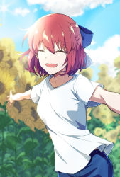 Rule 34 | 1girl, azami masurao, blue bow, blue pants, blue sky, bow, closed eyes, commentary request, day, denim, flower, hair between eyes, hair bow, half updo, highres, jeans, kohaku (tsukihime), leaf, open mouth, outdoors, outstretched arms, pants, red hair, shirt, short hair, sky, smile, solo, spread arms, sunflower, sunlight, tsukihime, white shirt, yellow flower
