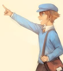 Rule 34 | 1boy, artist name, bag, bookbag, brown hair, from side, grey eyes, hat, luke triton, male focus, necktie, open mouth, pointing, professor layton, sangcoon, signature, solo, sweater