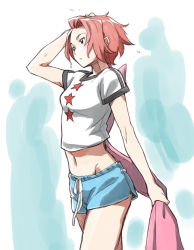 Rule 34 | 1girl, forehead, midriff, minato fumi, shirt, short hair, shorts, solo, towel, wet, wet hair