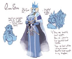 Rule 34 | 1girl, blonde hair, blue dress, blue skin, breasts, character profile, cleavage, cloak, colored skin, commentary, crown, double bun, dress, earrings, english commentary, english text, forehead jewel, fur-trimmed cloak, fur trim, gattles, gem, gloves, hair bun, highres, ice, jewelry, large breasts, long hair, looking at mirror, looking at viewer, messy hair, mirror, necklace, nipples, nude, original, own hands clasped, own hands together, pointy nose, queen, simple background, talking, white background