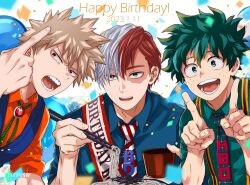 Rule 34 | 3boys, artist name, bakugou katsuki, balloon, birthday, birthday sash, blonde hair, blue necktie, blue shirt, blue vest, boku no hero academia, brooch, burn scar, chopsticks, collared shirt, commentary request, confetti, dated, dated commentary, food, freckles, gem, green eyes, green hair, green ribbon, green shirt, hair between eyes, hand up, hands up, happy birthday, highres, holding, holding chopsticks, index finger raised, jewelry, looking at viewer, male focus, midoriya izuku, multicolored hair, multiple boys, neck ribbon, necktie, noodles, open mouth, parted bangs, pointing, red eyes, red gemstone, red hair, red shirt, ribbon, round teeth, salt - siomsb, sash, scar, scar on face, shirt, short hair, shoulder sash, signature, simple background, spiked hair, split-color hair, striped, striped necktie, suspenders, teeth, todoroki shouto, tongue, two-tone hair, upper body, v-shaped eyebrows, vest, white background, white hair, wing collar