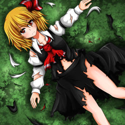 Rule 34 | 1girl, armband, blonde hair, bruise, collarbone, eyebrows, from above, frown, green background, hair ribbon, highres, injury, long sleeves, looking at viewer, navel, outstretched arms, red eyes, ribbon, rumia, short hair, skirt, skirt set, solo, spread arms, suikyou (aqua cities), torn clothes, touhou, tsurime