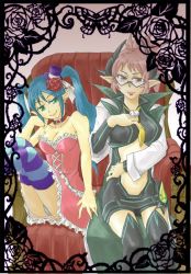 Rule 34 | 10s, blue hair, brown eyes, brown hair, cardfight!! vanguard, collar, couch, dark irregulars, dress, edel rose, elf, flower, frilled dress, frills, glasses, green eyes, hair ornament, hat, horns, panties, pantyshot, pink dress, pointy ears, rose, shadow paladin, short dress, strapless, strapless dress, striped clothes, striped legwear, striped panties, thighhighs, twintails, underwear, witch of nostrum arianrhod