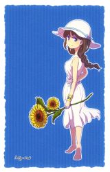 Rule 34 | 10s, 1girl, alternate costume, arm at side, arm behind back, artist name, bad id, bad pixiv id, barefoot, blue background, blue bow, blue ribbon, border, bow, braid, braided ponytail, brown eyes, brown hair, closed mouth, clothes writing, dress, eyelashes, flower, from behind, full body, hat, hat bow, hat ribbon, holding, holding flower, jyushimatsu&#039;s girlfriend, long hair, looking at viewer, looking back, mizuiri, osomatsu-kun, osomatsu-san, osomatsu (series), ribbon, sash, shade, signature, single braid, sleeveless, sleeveless dress, smile, solo, standing, striped, striped background, sun hat, sundress, sunflower, vertical stripes, white border, white dress, white hat, wristband