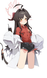 Rule 34 | ..., 1girl, absurdres, ahoge, black hair, black shorts, black tail, blue archive, blush, breasts, closed mouth, coat, collared shirt, commentary, cropped legs, demon horns, hair intakes, highres, horns, kasumi (blue archive), lab coat, long hair, oversized clothes, pg (pege544), red horns, red shirt, shirt, shirt tucked in, shorts, simple background, sleeves past fingers, sleeves past wrists, small breasts, solo, white background, white coat, yellow eyes