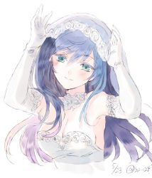 Rule 34 | 1girl, blue hair, blush, breasts, bridal veil, cleavage, closed mouth, dress, elbow gloves, flower, gloves, itsuki (s2 129), long hair, looking at viewer, maria traydor, simple background, smile, solo, star ocean, star ocean till the end of time, veil, wedding dress, white background, white gloves