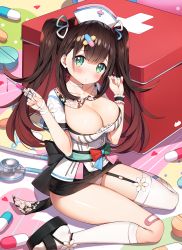 Rule 34 | 1girl, asymmetrical legwear, ayamy, bandages, bandaid, black hair, blush, breasts, choker, cleavage, collarbone, commentary request, dress, flower, garter straps, gradient hair, green eyes, hair ornament, hanamori healthy, hands up, hat, highres, holding, large breasts, long hair, melty+, mismatched legwear, multicolored hair, nurse, nurse cap, official art, panties, panty peek, ribbon, short dress, sitting, solo, syringe, thighhighs, thighs, twintails, underwear, virtual youtuber, white panties, white thighhighs