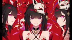 Rule 34 | bare shoulders, bell, black choker, black hair, blunt bangs, chinese commentary, choker, clone, collarbone, commentary request, facial mark, finger to own chin, fish, flower tattoo, fox mask, goldfish, hair ornament, heitian keji, highres, honkai: star rail, honkai (series), jingle bell, looking at viewer, making-of available, mask, mask on head, multicolored hair, nail polish, neck bell, one eye closed, parted lips, pillarboxed, pink eyes, red eyes, red hair, red nails, sidelocks, sparkle (honkai: star rail), streaked hair, symbol-shaped pupils, tattoo, teeth, two-tone hair, upper body, upper teeth only, variant set