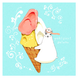 Rule 34 | animal, animal on head, artist name, bear, bird, blue background, border, chai (drawingchisanne), commentary request, food, food focus, hat, highres, holding, holding food, ice cream, looking at viewer, no humans, on head, original, painttool sai (medium), penguin, scarf, simple background, waving