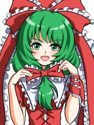 Rule 34 | 1girl, adjusting clothes, bow, bowtie, dress, green eyes, green hair, hair bow, highres, kagiyama hina, looking at viewer, open mouth, red bow, red bowtie, red dress, short sleeves, smile, solo, touhou, white background, zheng3008451858