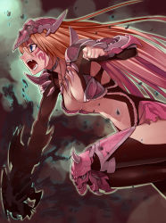 Rule 34 | 1girl, armor, blue eyes, breasts, center opening, claw (weapon), cleavage, dragon maker, facial mark, fangs, gaou (umaiyo puyoman), jewelry, long hair, necklace, open mouth, orange hair, shoulder armor, sideways mouth, solo, pauldrons, vambraces, weapon
