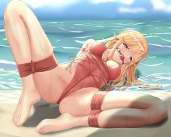 Rule 34 | 1girl, azur lane, ball gag, barefoot, bdsm, beach, blonde hair, bondage, bound, bound arms, bound legs, bound wrists, breast bondage, crotch rope, feet, gag, gagged, highres, jiang qian xiao, long hair, one-piece swimsuit, pink one-piece swimsuit, red eyes, restrained, richelieu (azur lane), richelieu (fleuron of the waves) (azur lane), rope, sand, shibari, shibari over clothes, swimsuit, wiffle gag