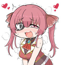 Rule 34 | 1girl, :3, breasts, cleavage, commentary, covered navel, drooling, eyepatch, heart, heavy breathing, hololive, houshou marine, large breasts, matarou (matarou072), open mouth, red eyes, red hair, saliva, see-through, see-through cleavage, smile, solo, sweat, trembling, twintails, upper body, virtual youtuber