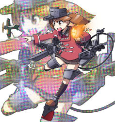 Rule 34 | &gt;:d, 10s, 1girl, :d, aircraft, airplane, brown eyes, brown hair, brown skirt, full body, japanese clothes, kantai collection, kariginu, kneehighs, koukai, leg up, machinery, magatama, open mouth, pleated skirt, pointing, ryuujou (kancolle), skirt, smile, socks, solo, twintails, v-shaped eyebrows, visor cap, zoom layer