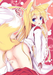 Rule 34 | 1girl, :d, animal ears, ass, blonde hair, blue eyes, clothes pull, fox ears, fox tail, hair between eyes, hair ribbon, japanese clothes, leaning forward, long hair, long sleeves, looking at viewer, looking back, open mouth, original, ribbon, ribbon-trimmed sleeves, ribbon trim, skirt, skirt pull, smile, solo, tail, tateha (marvelous grace), very long hair, wide sleeves