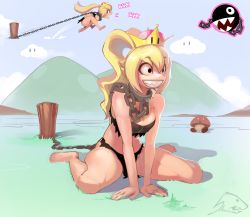 Rule 34 | 1girl, absurdres, bare arms, bare legs, bare shoulders, barefoot, barking, black eyes, blonde hair, blue sky, breasts, chain, chain chomp, chain leash, chained, cleavage, cloud, cloudy sky, collar, constricted pupils, crazy eyes, crazy grin, crown, curly hair, day, english text, goomba, high ponytail, highres, leash, long hair, mario (series), medium breasts, metal collar, mountainous horizon, new super mario bros. u deluxe, nintendo, on grass, open mouth, outdoors, personification, princess, princess chain chomp, raised eyebrows, sharp teeth, shnider, sitting, sky, smile, solo, stake, super crown, teeth, torn clothes, tribal, wariza, | |