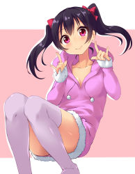 Rule 34 | 10s, 1girl, black hair, bow, double m/, fur trim, hair bow, hood, hood down, looking at viewer, love live!, love live! school idol project, m/, mikawaya, nico nico nii, pink background, pink thighhighs, pom pom (clothes), red bow, red eyes, smile, solo, thighhighs, twintails, yazawa nico