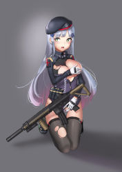 Rule 34 | 1girl, absurdres, assault rifle, beret, black background, black hat, black thighhighs, blunt bangs, blush, bow, bow panties, breasts, covering breasts, covering privates, eun bari, facial mark, full body, girls&#039; frontline, gloves, gradient hair, green eyes, gun, h&amp;k hk416, hair ornament, hat, heckler &amp; koch, highres, hk416 (girls&#039; frontline), holding, holding gun, holding weapon, large breasts, long hair, looking away, machine gun, multicolored hair, no pants, one breast out, panties, pink hair, red bow, rifle, seiza, shirt, silver hair, sitting, solo, thighhighs, torn clothes, torn shirt, torn thighhighs, trigger discipline, underwear, very long hair, wavy mouth, weapon, white gloves, white panties