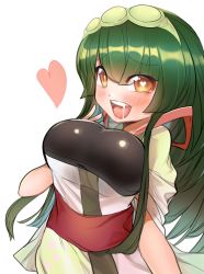 Rule 34 | 1girl, blush, breasts, brown eyes, commentary request, dark green hair, green hairband, hairband, heart, heart-shaped pupils, highres, large breasts, long hair, looking at viewer, muneate, open mouth, saliva, simple background, siwasunohige, solo, symbol-shaped pupils, touhoku zunko, upper body, voiceroid, white background
