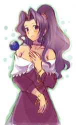 Rule 34 | 1girl, aki (saprism), bangle, bare shoulders, blush, bracelet, breasts, choker, dress, hair intakes, hand up, jewelry, long hair, looking at viewer, mavelle froessen, orb, ponytail, purple dress, simple background, sketch, small breasts, solo, standing, star ocean, star ocean first departure, white background