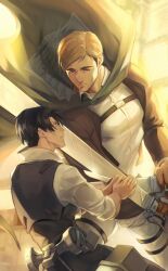 Rule 34 | 2boys, black hair, black pants, black vest, blue eyes, bright pupils, cape, collared shirt, commentary, english commentary, erwin smith, gravesecrets, green cape, highres, holding, holding knife, holding weapon, knife, large pectorals, levi (shingeki no kyojin), long sleeves, looking at another, male focus, mature male, multiple boys, pants, paradis military uniform, parted lips, pectorals, shingeki no kyojin, shirt, short hair, sideburns, thigh strap, vest, weapon, white pants, white pupils, white shirt
