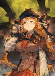 Rule 34 | 1girl, arm at side, black gloves, blonde hair, blush, breasts, capelet, closed mouth, collared shirt, commentary request, draph, glasses, gloves, granblue fantasy, green eyes, hat, horns, junwool, large breasts, long hair, looking away, looking up, necktie, pleated skirt, pointy ears, red necktie, red skirt, sarya (granblue fantasy), shirt, sketch, skirt, smile, solo, very long hair, white shirt, wing collar