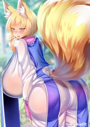 Rule 34 | 1girl, animal ears, ass, blonde hair, blue tabard, blurry, blush, breasts, depth of field, dress, fox ears, fox girl, fox tail, from behind, gigantic breasts, looking back, multiple tails, open mouth, red nails, see-through, see-through dress, short hair, solo, tabard, tail, touhou, twitter username, wildcat (kusonemi), yakumo ran, yellow eyes