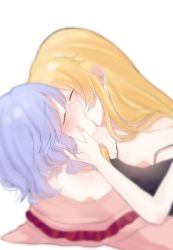 Rule 34 | 2girls, bare arms, bare shoulders, black camisole, blonde hair, blue hair, blurry, blurry background, blurry foreground, blush, breasts, camisole, closed eyes, commentary request, depth of field, eringi (rmrafrn), french kiss, hair between eyes, highres, kirisame marisa, kiss, multiple girls, off shoulder, pink shirt, profile, remilia scarlet, shirt, simple background, small breasts, strap slip, touhou, white background, yuri
