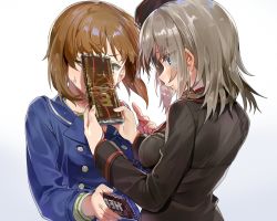 Rule 34 | 10s, 2girls, black hat, black jacket, blouse, blue coat, blue eyes, brown eyes, brown hair, candy, chocolate, chocolate bar, closed mouth, coat, eyes visible through hair, food, frown, garrison cap, girls und panzer, gradient background, grey background, hat, hershey&#039;s, hitting, in the face, itsumi erika, jacket, kuromorimine military uniform, lips, logo, long hair, long sleeves, looking at another, military, military hat, military uniform, multiple girls, nishizumi miho, one eye closed, ooarai school uniform, religious offering, sailor collar, school uniform, shirt, short hair, silver hair, standing, uniform, upper body, valentine, veerinly, white shirt, winter uniform, yuri