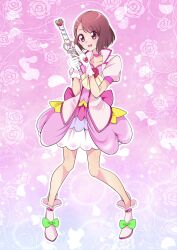 Rule 34 | 1girl, absurdres, ankle boots, back bow, bob cut, boots, bow, brown hair, choker, commentary, cure grace, dress, floral background, full body, gloves, hanadera nodoka, healin&#039; good precure, highres, holding, holding wand, jacket, looking to the side, magical girl, medium dress, mitsuki tayura, open mouth, pink background, pink bow, pink choker, pink dress, pink footwear, pink jacket, precure, puffy short sleeves, puffy sleeves, purple eyes, short sleeves, smile, solo, standing, wand, white gloves