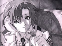 Rule 34 | 1990s (style), 1girl, arm up, bubblegum crisis 2040, chair, close-up, closed mouth, collared shirt, dress shirt, holding, long sleeves, looking at viewer, monochrome, necktie, nene romanova, shirt, sitting, smile, solo, upper body