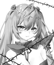 1girl :/ ahoge alchemy_stars between_breasts blush breasts cleavage cross flower frills gloves greyscale hair_between_eyes hair_flower hair_ornament hand_up highres jagaimo_(fkpx3827) latin_cross long_hair looking_at_viewer monochrome nose_blush pact_(alchemy_stars) portrait ribbon_between_breasts rose simple_background solo thorns twintails upturned_eyes v-shaped_eyebrows white_background