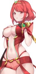 Rule 34 | 1girl, armor, black gloves, blaze (blaze pso2), breasts, chest jewel, gloves, hands on own chest, highres, large breasts, looking at viewer, navel, open mouth, partially fingerless gloves, pyra (xenoblade), red eyes, red hair, red shorts, short hair, short shorts, shorts, shoulder armor, skindentation, solo, swept bangs, tiara, white background, xenoblade chronicles (series), xenoblade chronicles 2