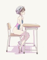 Rule 34 | 1girl, brown hair, chair, commentary request, competition swimsuit, desk, goggles, goggles on head, highleg, highleg swimsuit, highres, one-piece swimsuit, original, popman3580, school desk, simple background, sitting, solo, swim cap, swimsuit, two-tone swimsuit, white background