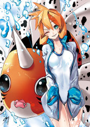 Rule 34 | 1girl, breasts, creatures (company), game freak, gen 1 pokemon, green eyes, gym leader, impossible clothes, impossible swimsuit, jacket, legs, misty (pokemon), nintendo, one-piece swimsuit, one eye closed, open clothes, open jacket, orange hair, poke ball, pokemon, pokemon (creature), pokemon hgss, sarusaru naoto, seaking, short hair, small breasts, smile, solo, spread legs, starmie, swimsuit, white one-piece swimsuit, wink