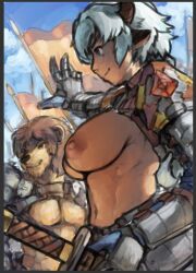 Rule 34 | 1boy, 1girl, animal ears, armor, banner, blue eyes, blue sky, breasts, brown hair, closed mouth, commentary, cow ears, cow girl, cow horns, day, english commentary, furry, furry male, gauntlets, highres, horns, large breasts, lion boy, looking afar, medium bangs, nandi (puchirisu), navel, nipples, original, outdoors, pauldrons, profile, puchirisu, scabbard, sheath, short hair, shoulder armor, sky, smile, sword, upper body, weapon, white hair