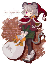 Rule 34 | 1girl, :3, animal ears, christmas, christmas sweater, full body, grey hair, hat, holding, iris anemone, mouse (animal), mouse ears, mouse tail, nazrin, one eye closed, pantyhose, sack, santa hat, solo, sweater, tail, touhou