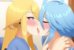 Rule 34 | 2girls, ahoge, animal ears, bare shoulders, blacksaikou, blonde hair, blue eyes, blue feathers, blue hair, blush, centorea&#039;s mother, embarrassed, closed eyes, feathers, french kiss, hand on another&#039;s shoulder, horse ears, jewelry, kiss, long hair, mole, mole under eye, monster musume no iru nichijou, multiple girls, papi (monster musume), ring, saliva, sidelocks, sweatdrop, tongue, tongue out, upper body, yuri