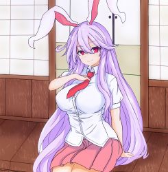Rule 34 | 1girl, animal ears, breasts, hand on own chest, highres, large breasts, long hair, miniskirt, necktie, pink skirt, purple hair, rabbit ears, red eyes, red necktie, reisen udongein inaba, sitting, skirt, solo, sprout (33510539), touhou, very long hair