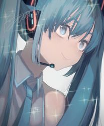 Rule 34 | 1girl, arms at sides, asu oki, bad id, bad twitter id, bare shoulders, blue eyes, blue hair, blue necktie, blue theme, blush, close-up, dutch angle, eyelashes, hair between eyes, happy, hatsune miku, headset, highres, long hair, looking away, necktie, portrait, shirt, signature, simple background, sleeveless, sleeveless shirt, smile, solo, sparkle, twintails, upper body, very long hair, vocaloid, white background, white shirt