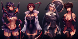 Rule 34 | 4girls, :d, abs, absurdres, arknights, bare shoulders, black gloves, black hair, black legwear, black shirt, black sleeves, blue eyes, boots, breasts, chainsaw, character request, circular saw, cleavage, closed mouth, coat, copyright request, crispytuna97, crossover, dress, eliza (tekken), gloves, hair between eyes, hand on own hip, highres, holding, holding sword, holding weapon, horns, kill la kill, long hair, long sleeves, looking at viewer, matoi ryuuko, multicolored hair, multiple girls, nail polish, nun, open mouth, orange eyes, red dress, red eyes, red hair, red nails, saw, scythe, shirt, short hair, sleeveless, smile, specter (arknights), sword, teeth, tekken, thigh boots, thighhighs, two-tone hair, weapon, white coat, white hair