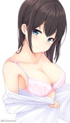 Rule 34 | 1girl, armpits, bad id, bad pixiv id, black hair, blouse, blue eyes, blush, bra, breasts, from side, hicha nomu, highres, long hair, looking at viewer, medium breasts, original, school uniform, shirt, simple background, solo, twitter username, underwear, undressing, white background, white shirt
