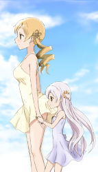 Rule 34 | 2girls, age difference, alternate costume, arms at sides, bare arms, bare legs, bare shoulders, beige dress, blonde hair, blue dress, blue sky, blush, bracelet, breasts, brown eyes, cloud, commentary request, cowboy shot, day, dress, drill hair, female focus, flat chest, from side, hair ornament, hairpin, highres, holding hands, jewelry, kinfuji, legs, long hair, looking to the side, mahou shoujo madoka magica, mahou shoujo madoka magica: hangyaku no monogatari, medium breasts, momoe nagisa, multiple girls, neck, ring, side-by-side, sky, sleeveless, sleeveless dress, smile, standing, tomoe mami, twin drills, two side up, white dress, white hair, yellow dress