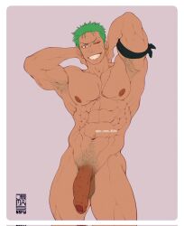 Rule 34 | 1boy, armpit hair, armpits, ear piercing, flaccid, green hair, highres, jezz mons art, male focus, nude, one eye closed, one piece, pectorals, penis, piercing, roronoa zoro, scar, scar on chest, scar on face, solo, testicles, wink