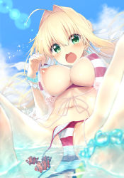Rule 34 | 1girl, ahoge, anklet, artist name, bad id, bad pixiv id, beach, bead anklet, bead bracelet, beads, bikini, blonde hair, blue sky, blurry, blush, bracelet, braid, breast slip, cloud, cloudy sky, clownfish, commentary request, covered erect nipples, day, depth of field, earrings, fate/grand order, fate (series), fish, green eyes, hair between eyes, hair intakes, highres, jewelry, knees up, lens flare, long hair, looking at viewer, navel, nero claudius (fate), nero claudius (fate) (all), nero claudius (swimsuit caster) (fate), nero claudius (swimsuit caster) (third ascension) (fate), nipples, ocean, open mouth, outdoors, red bikini, revision, sidelocks, sitting, sky, solo, striped bikini, striped clothes, suga hideo, swimsuit, tropical fish, wardrobe malfunction