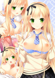 Rule 34 | 1girl, blonde hair, blush, bra, bra pull, breasts, censored, clothes pull, green eyes, large breasts, long hair, looking at viewer, makita maki, mosaic censoring, necktie, nipples, open mouth, original, paizuri, penis, translation request, underwear, very long hair