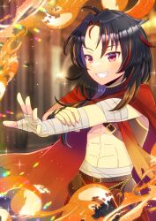 Rule 34 | abs, bandaged arm, bandaged hand, bandages, black gloves, black hair, black pants, brown hair, cloak, commentary request, copyright request, fingerless gloves, fire, forehead, gloves, grin, kou hiyoyo, long hair, multicolored hair, navel, outstretched arm, pants, parted bangs, red cloak, red hair, single glove, smile, solo, streaked hair, virtual youtuber